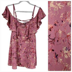 TORRID Lace-Up Cold Shoulder Blouse Georgette Floral Dusty Rose Ruffled Pink Top